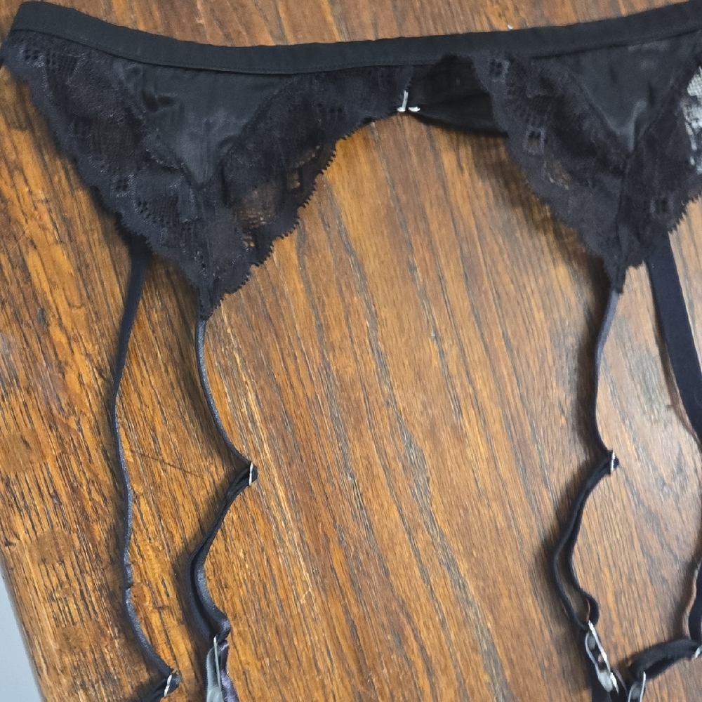 Fleur du Mal Black Lace Triangle Bralette with Satin Garter Panty Set - Picture 8 of 10